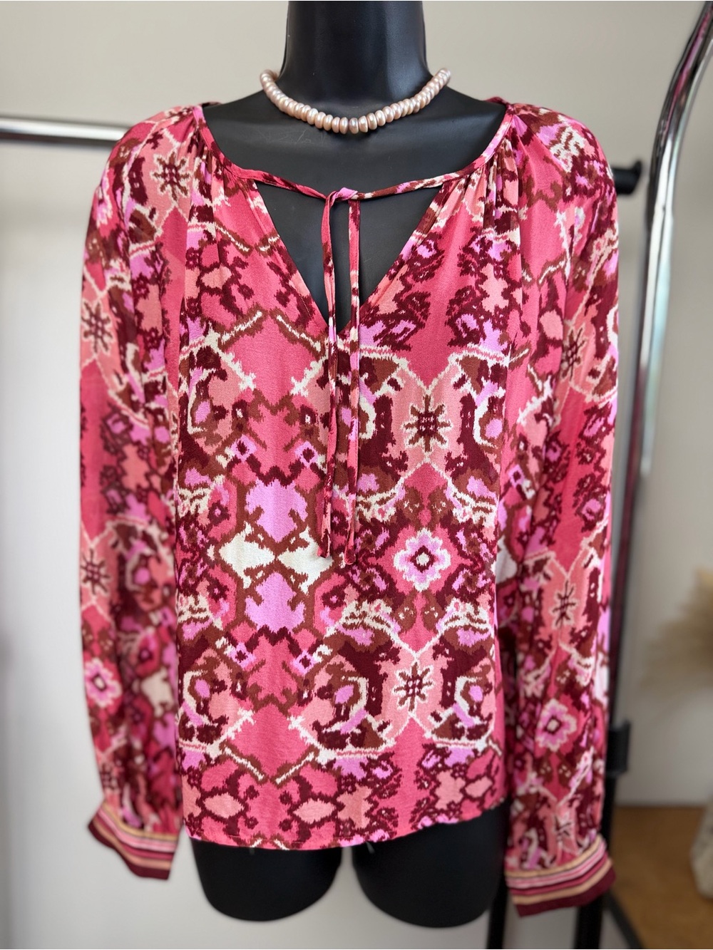 Suncoo Paris Pink Printed Boho Blouse Tie Neck Long Sleeve